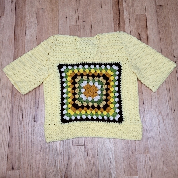 Handmade Granny Square Crocheted Top Yellow Unqiue - Picture 2 of 12